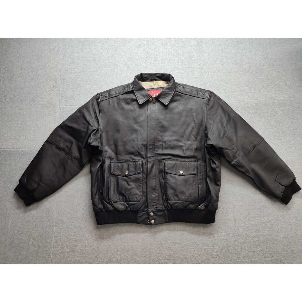 Hind Men Bomber Jacket 3X Black Genuine Leather Patch Pockets Zip Up Collared